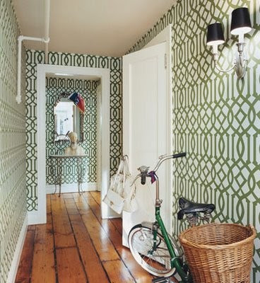 foyer+-+foyer+decor+and+design+-+entryway+-+patterned+green+wallpaper+-+landing+strip+-+interior+decor+and+design+-+via+pinterest